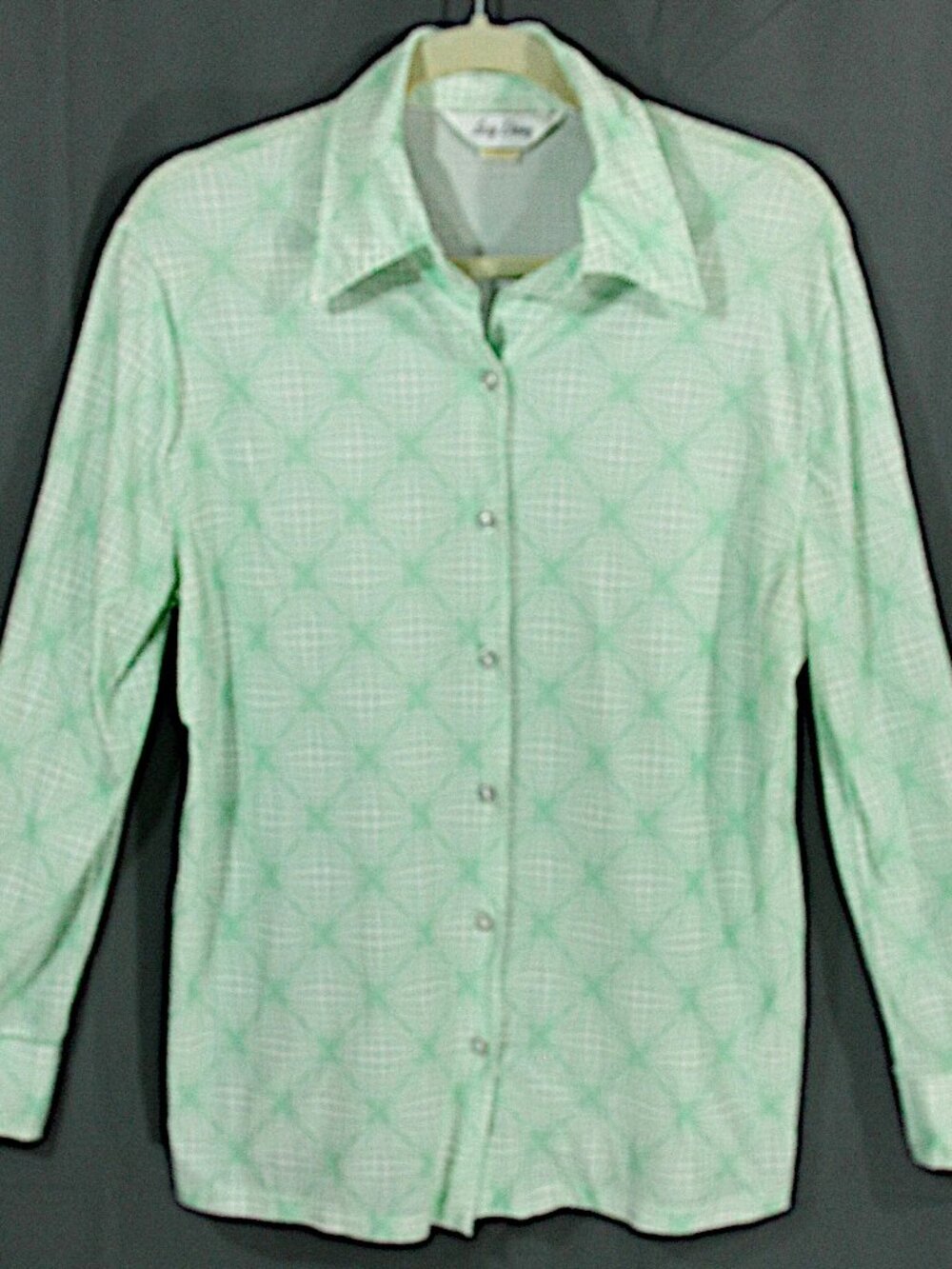 Vintage Lady Devon Geometric Illusion Blouse Button Down Shirt Green M 1970s
